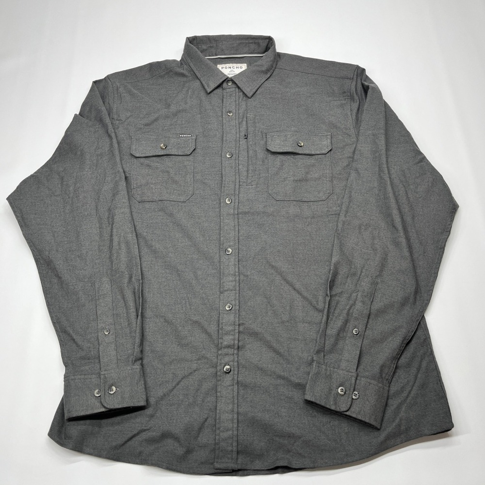 Poncho Outdoors Flannel Shirt Gray XXL Slim Fit Long Sleeve Performance Hiking - Picture 2 of 7